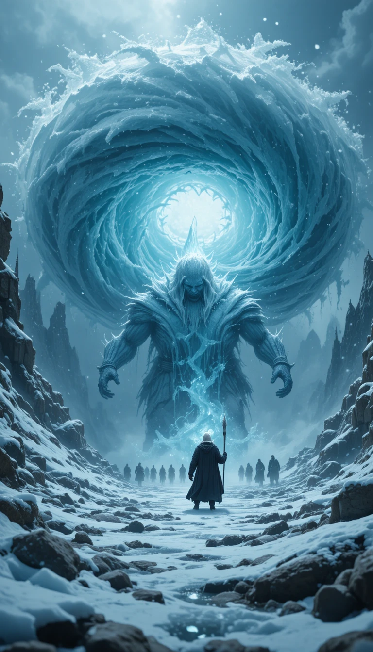 Mago lanzando ciclón de hielo contra un gigante colosal