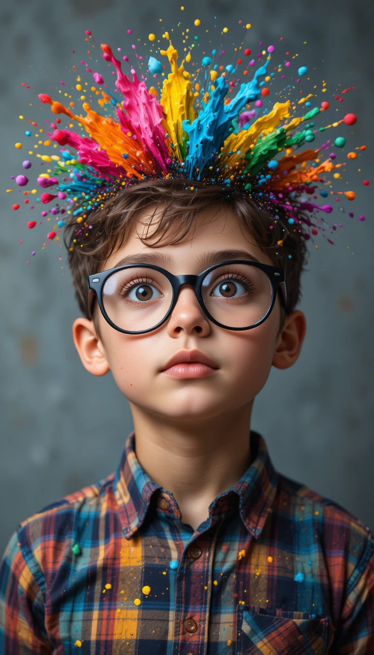 Dreamy boy with colorful paint splashes above his head