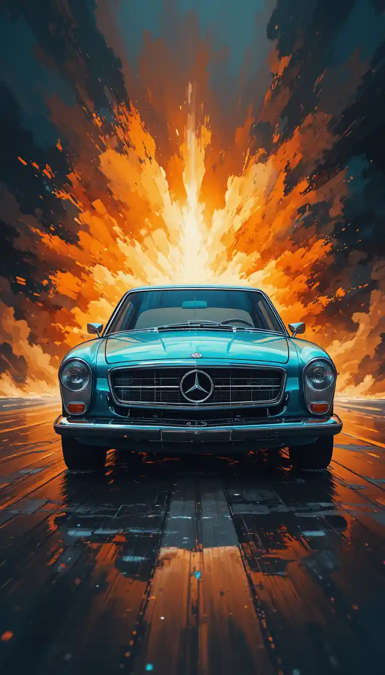 Mint blue classic car on wet road with fiery abstract backdrop