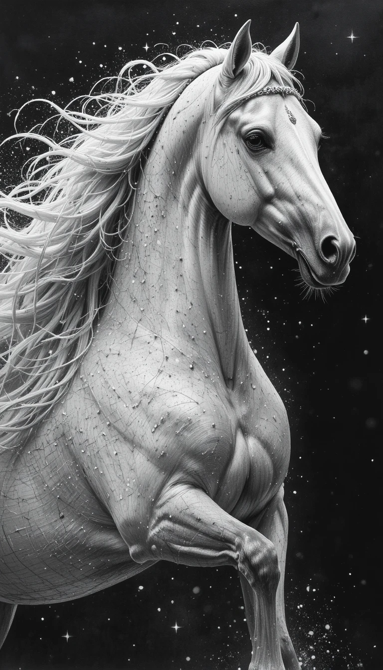 Portrait majestueux d’un cheval arabe blanc sur fond cosmique sombre