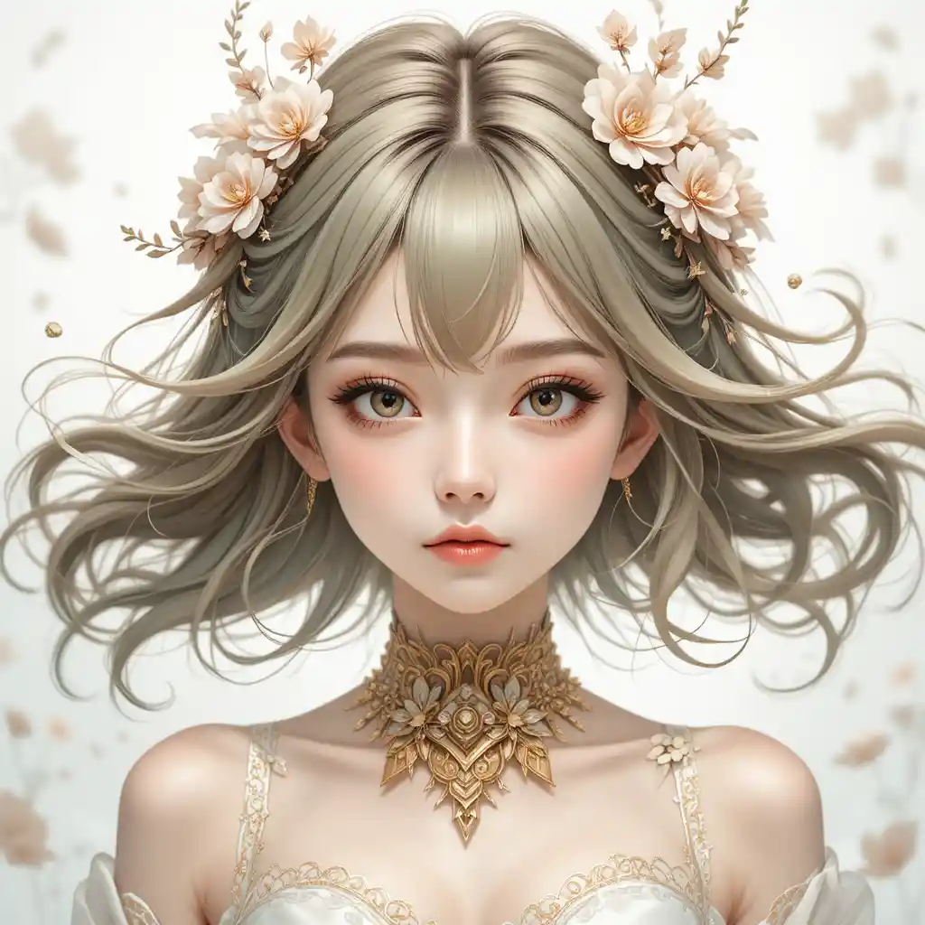 Ethereal anime girl with floral hair and soft white background