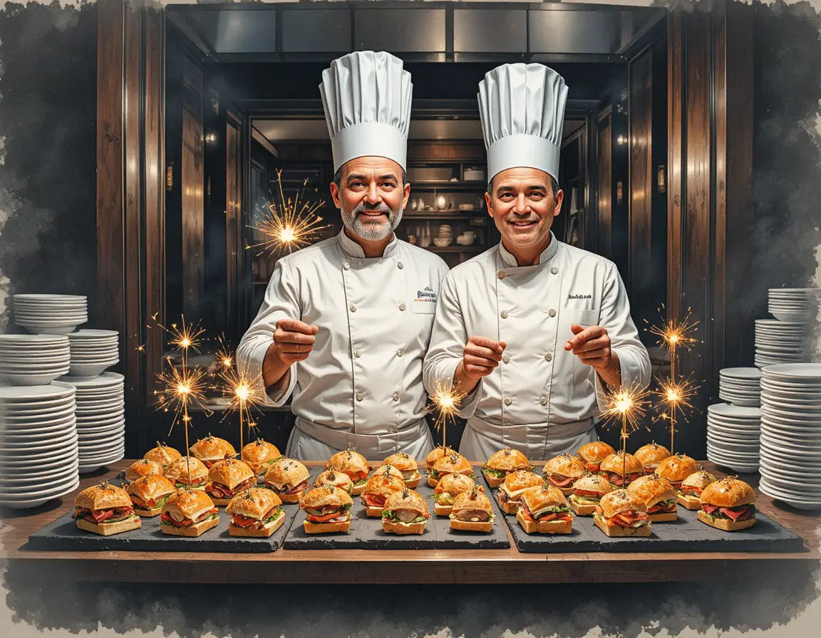 Chefs Present Sparkling Appetizers In A Modern Restaurant Kitchen