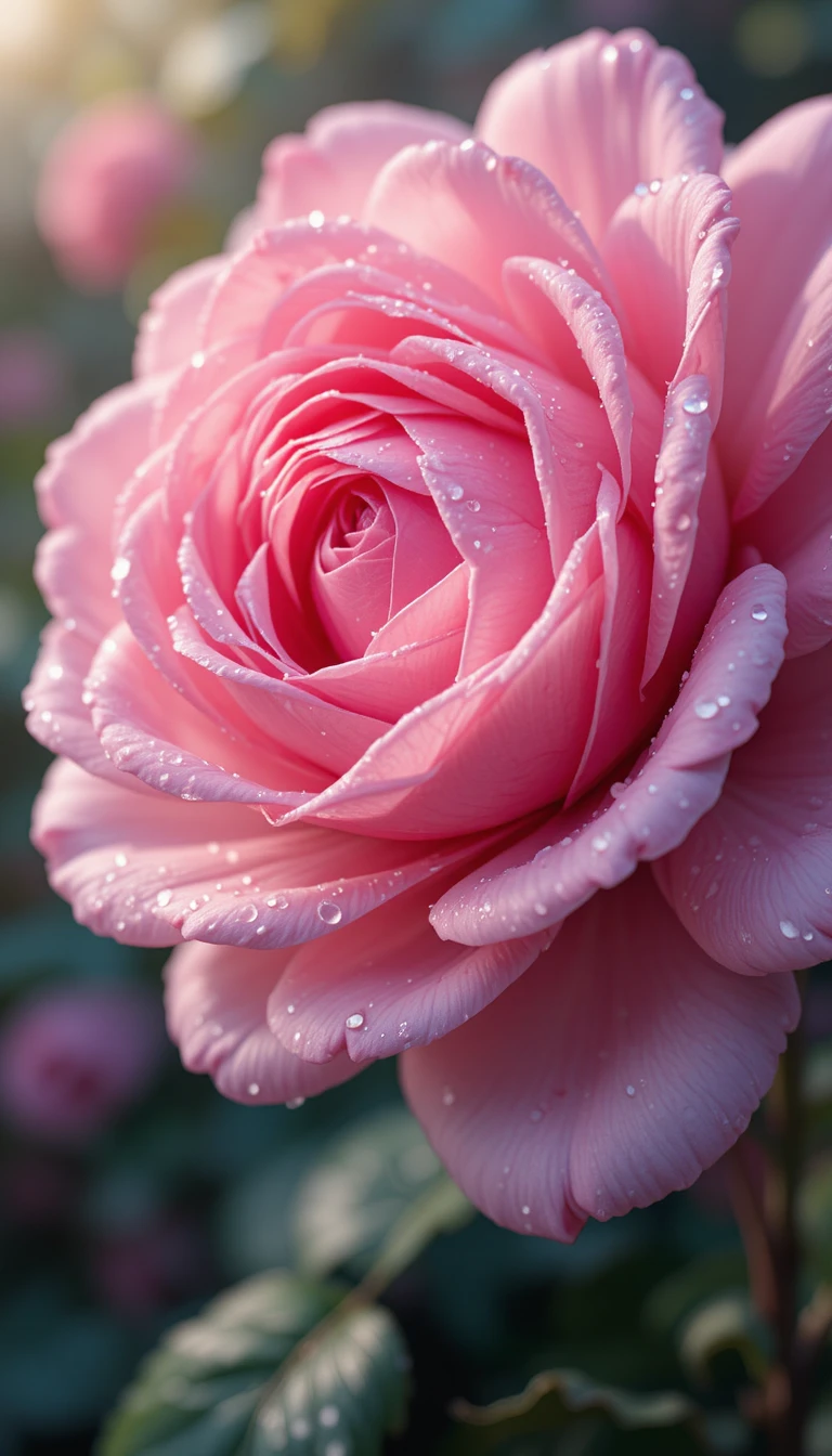 Pink rose in full bloom with detailed dewy petals