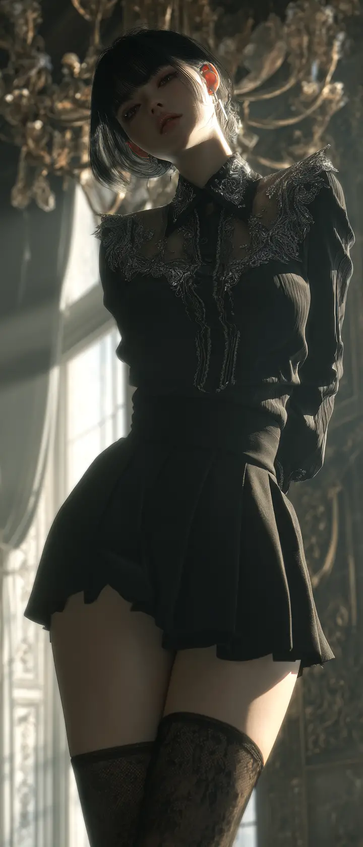3D anime woman portrait with baroque gothic elegance
