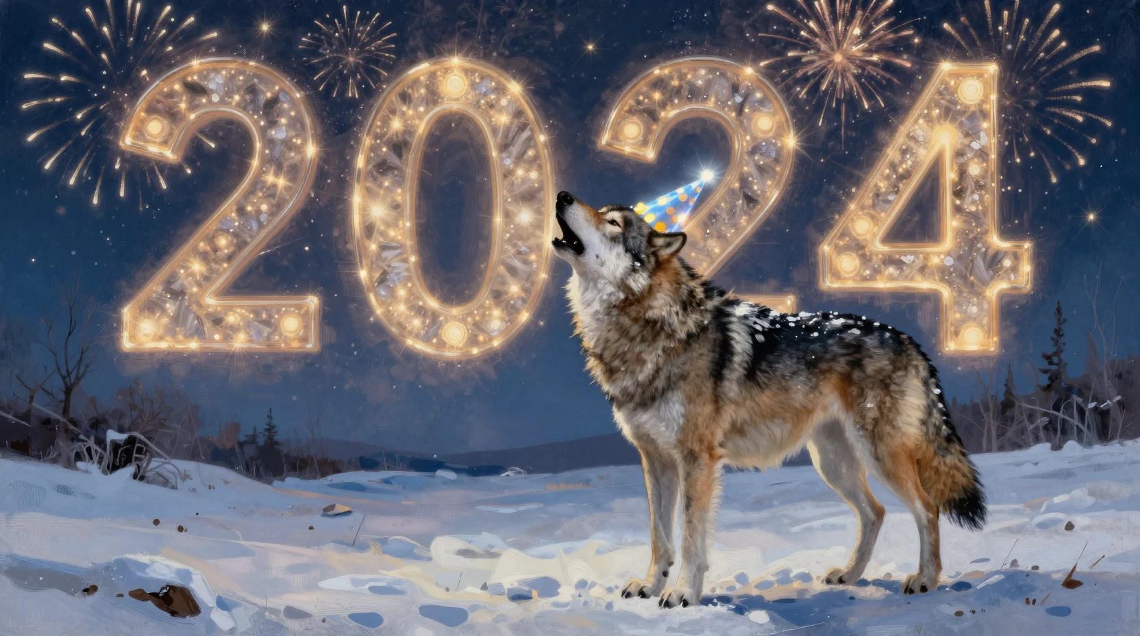 Lobo solitario en la nieve aullando bajo el cielo de fuegos artificiales de 2024