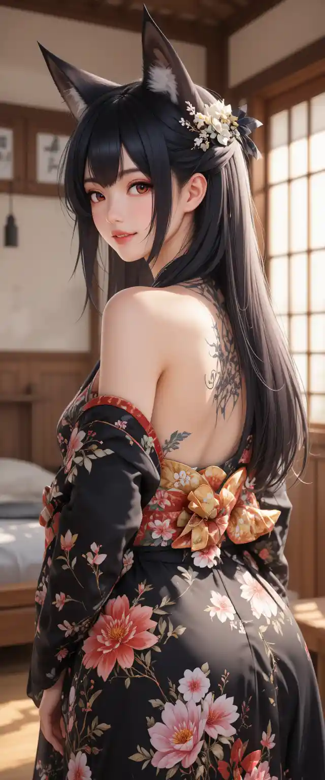Anime fox eared woman in black floral kimono with tattoo
