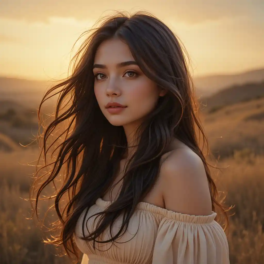 Woman in cream dress at sunset with serene expression