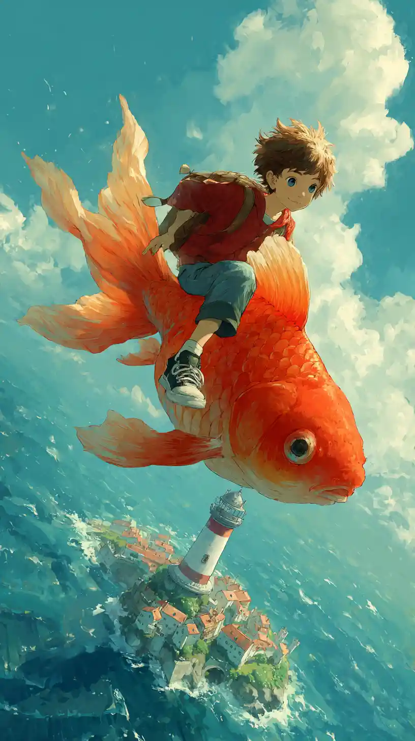 Boy Riding A Giant Goldfish Above The Ocean