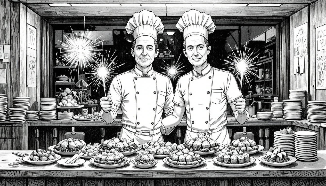 Chefs Present Sparkler Lit Appetizers In Modern Restaurant Kitchen