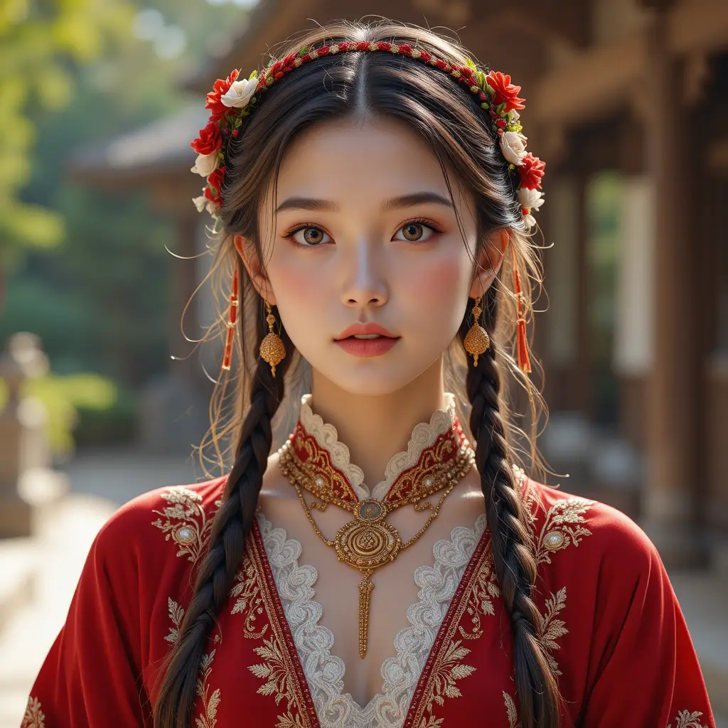 Young woman in red traditional dress with floral headband