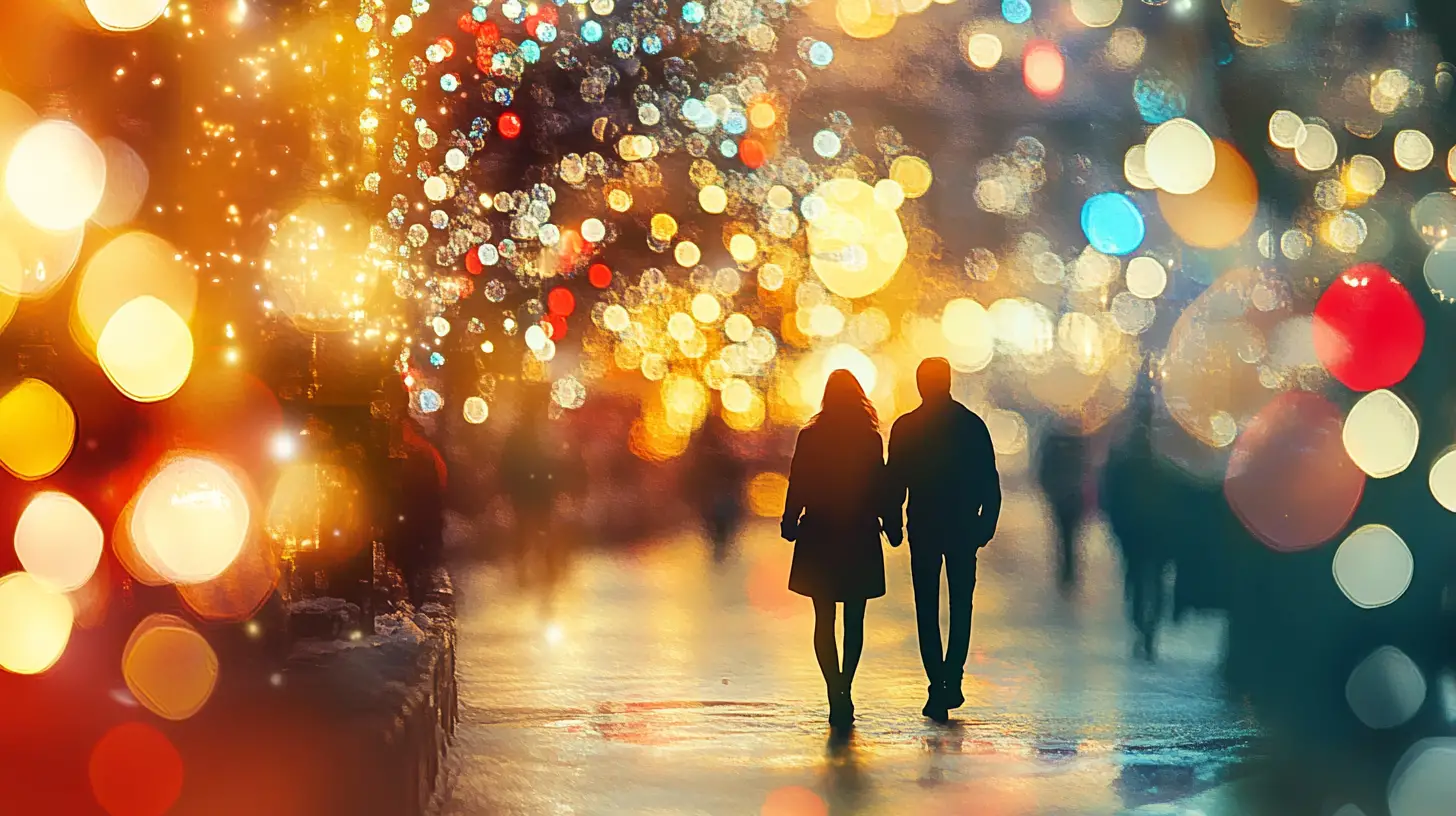 Two friends saying goodbye under festive city lights
