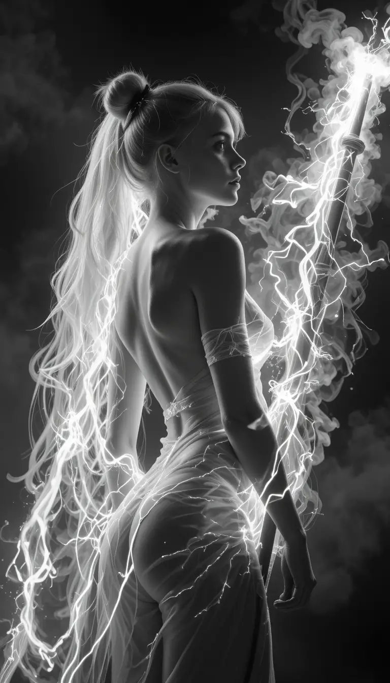 Dramatic monochrome archer woman with glowing energy bow