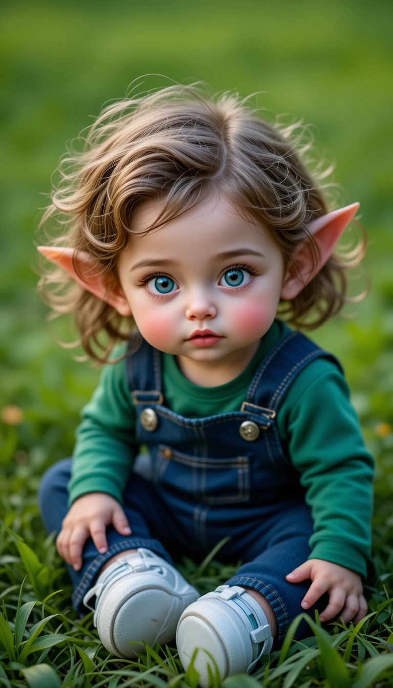 Cute young girl gremlin sitting in grass at the park