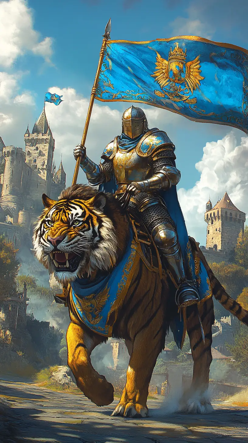 Golden knight charging on a battle tiger at castle