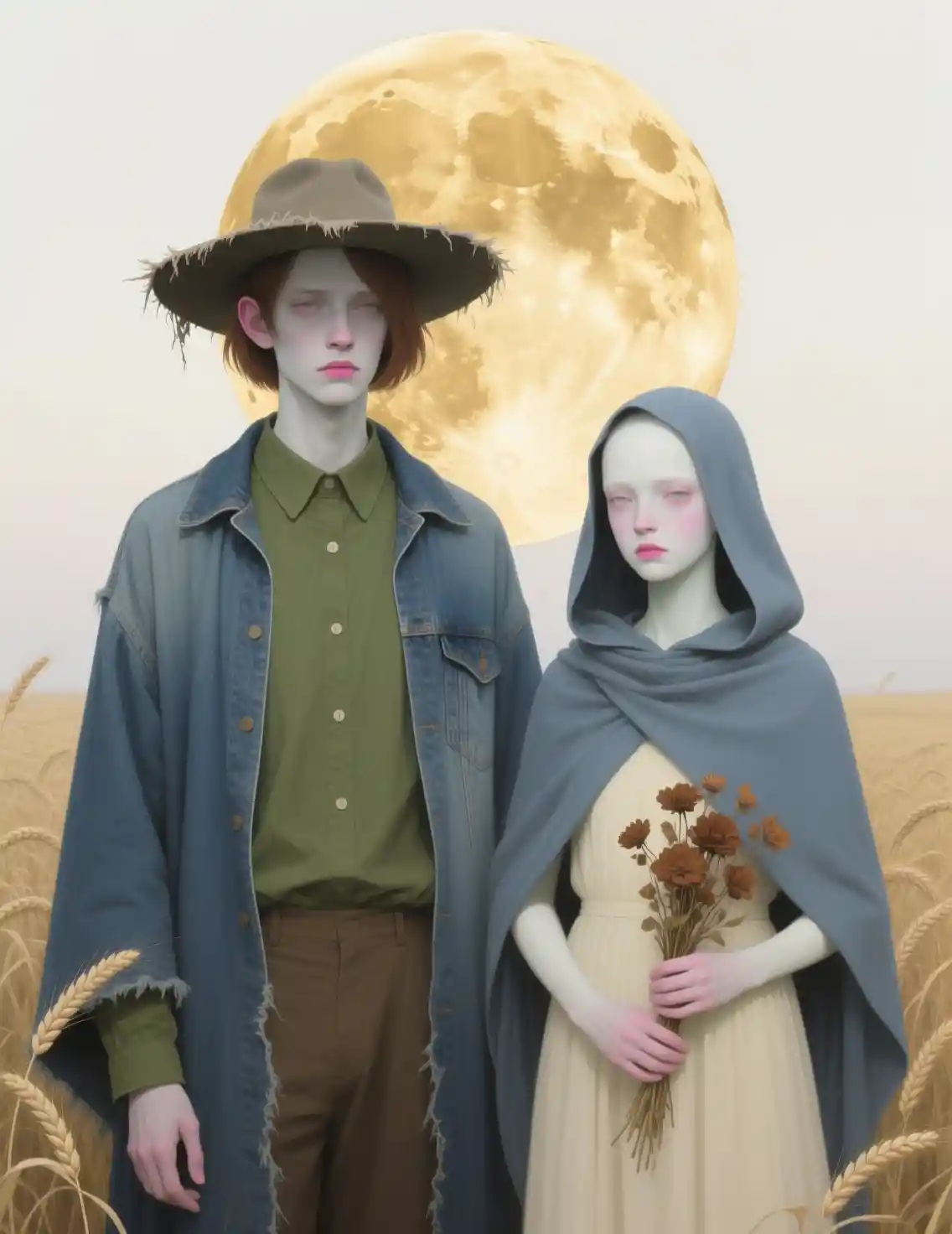 Somber albino figures beneath a giant golden moon