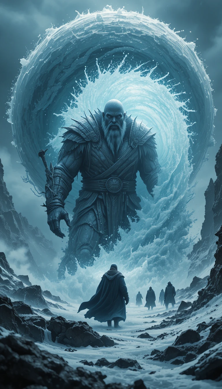 Mago invocando ciclón de hielo contra un enemigo gigante colosal