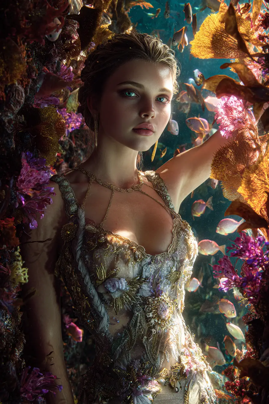 Underwater portrait of a siren in an ornate dress