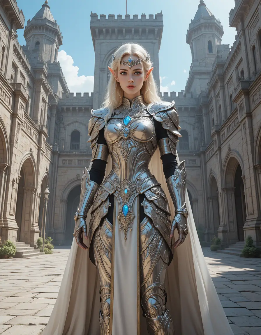 Elven warrior woman in ornate armor in fortress courtyard