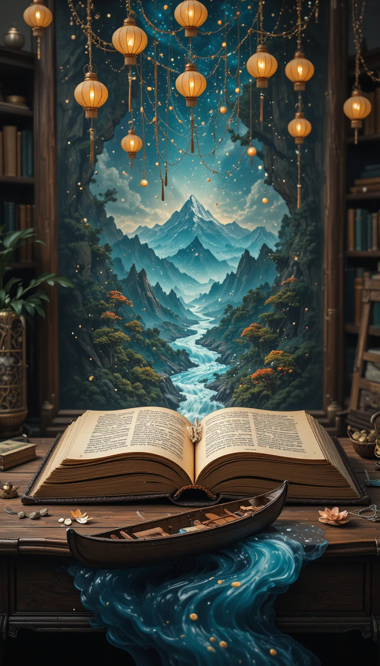 Antigo livro de couro se abrindo para uma paisagem mágica