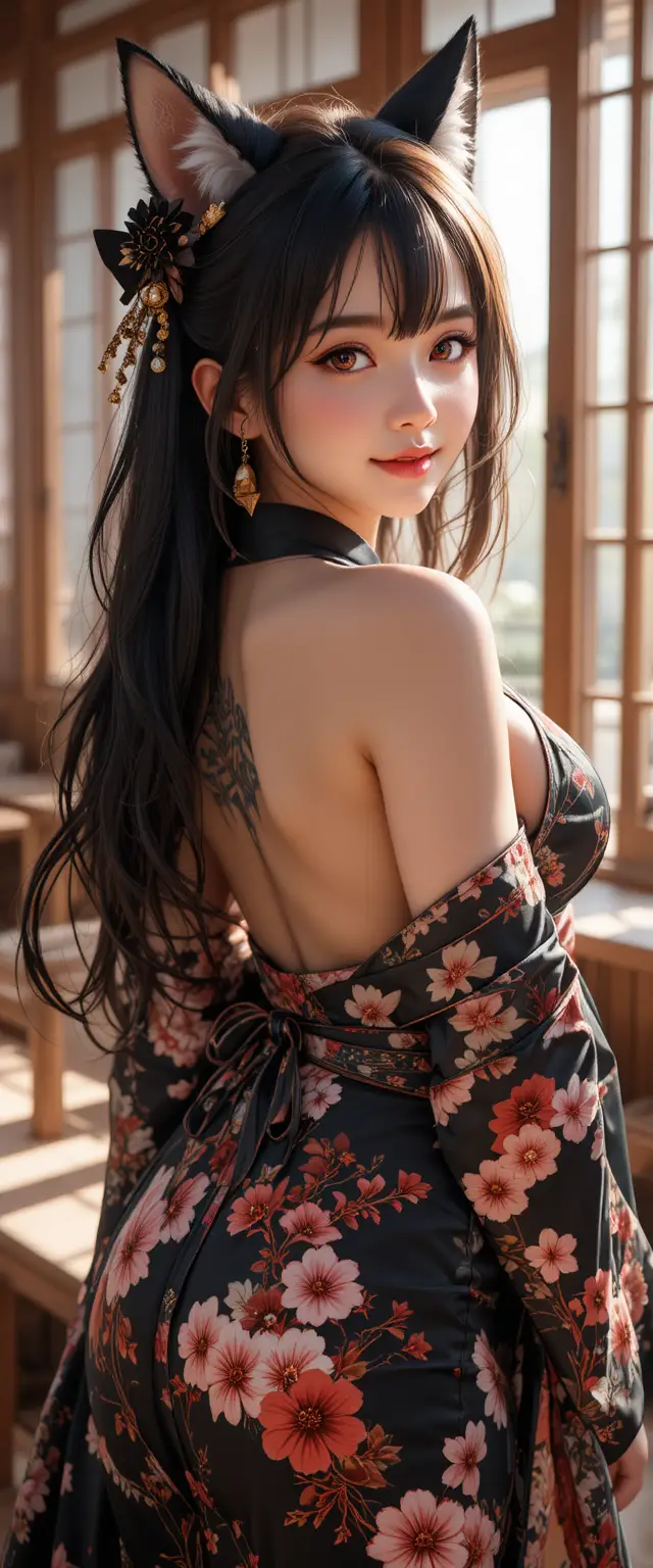 Anime fox eared woman in black kimono with back tattoo