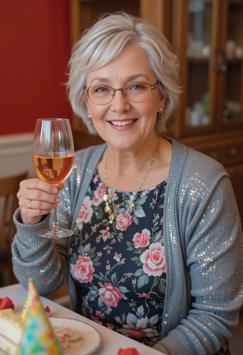 Smiling older woman with rosé at a festive table