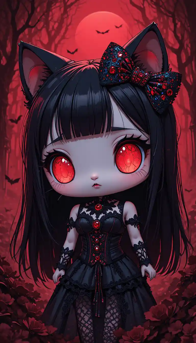 Gothic anime cat mascot with crystal bow and glowing eyes