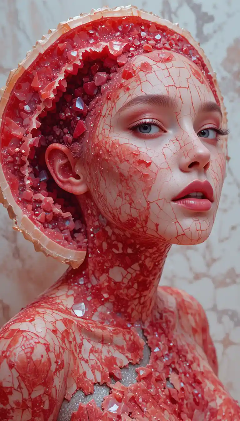 Surreal crystal woman portrait with split geode face