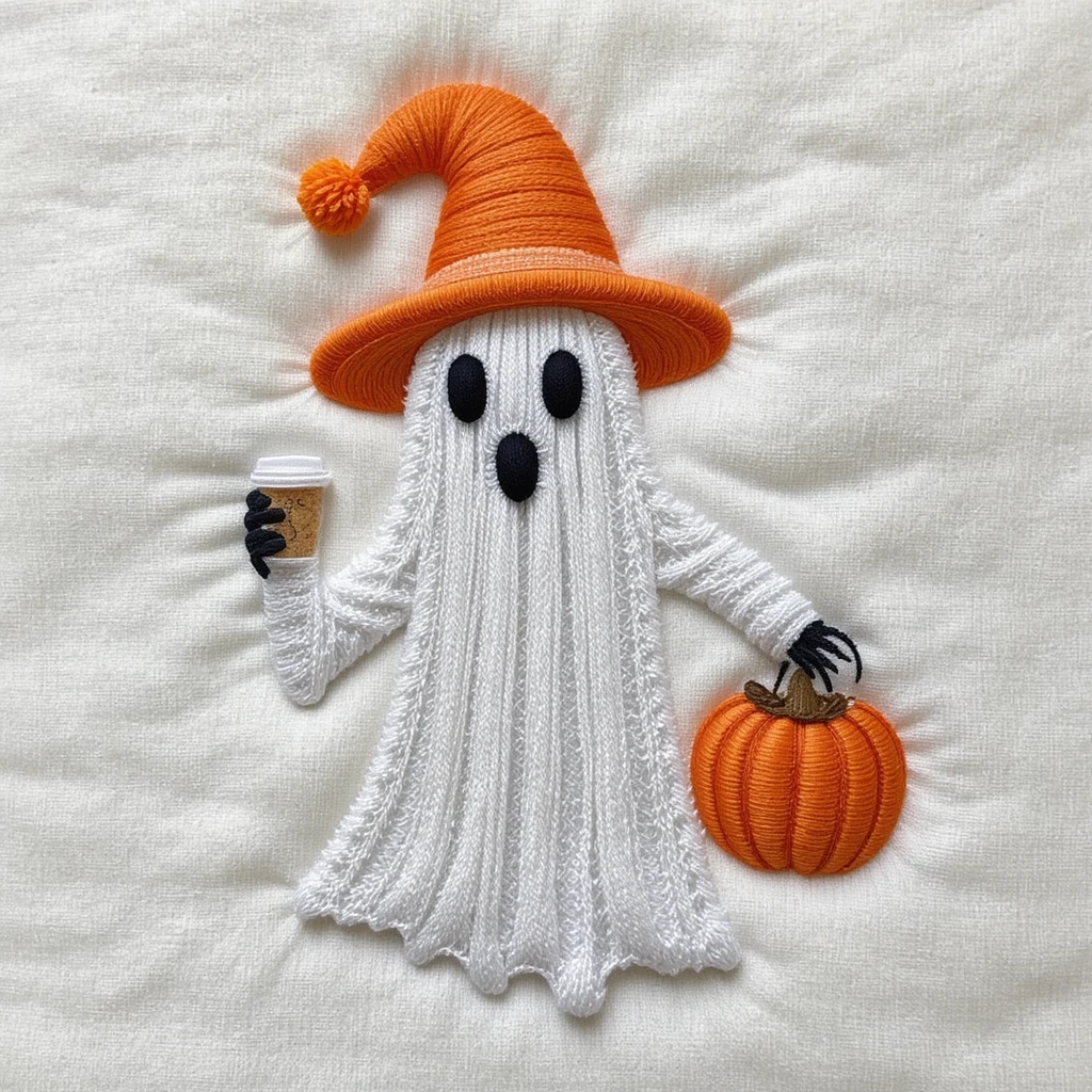 Embroidered ghost with orange hat and pumpkin on white fabric