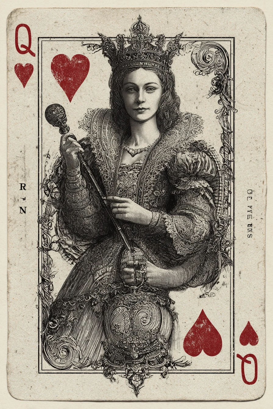 Reine de Cœur Gravée – Illustration de Carte à Jouer Antique