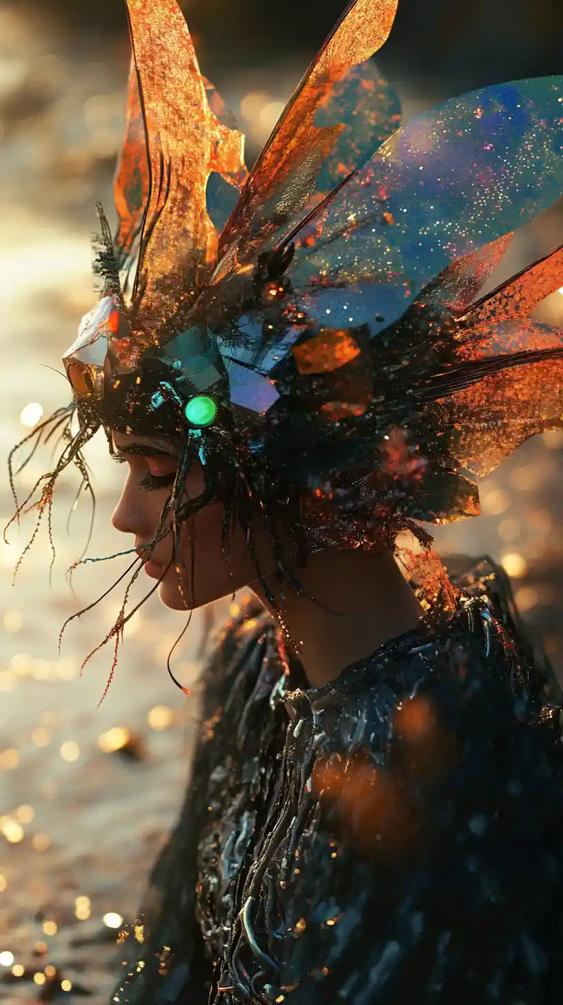 Femme futuriste en robe exosquelettique dans une mare de marée lumineuse