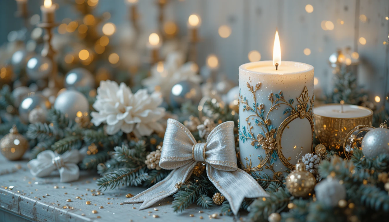 Vela de Natal shabby chic elegante e decoração prateada