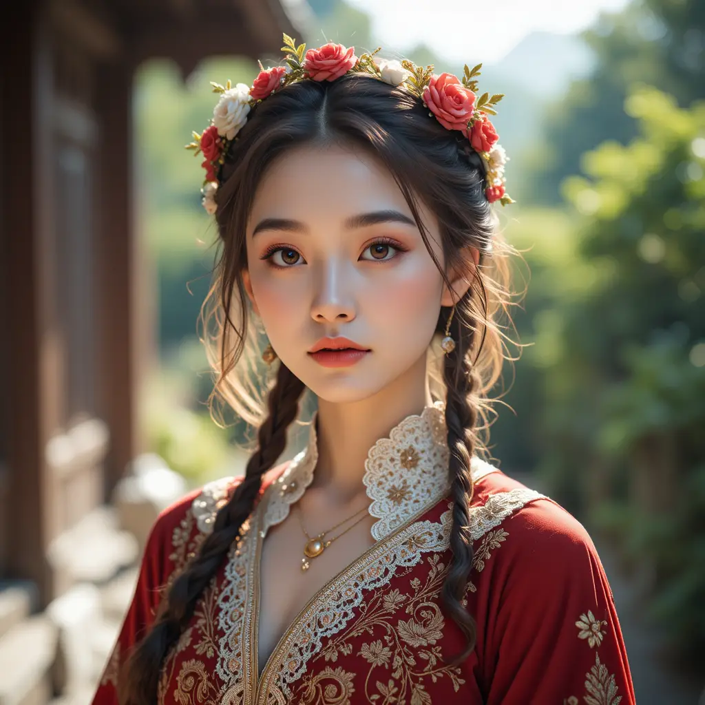 Young woman in red traditional dress with floral headband