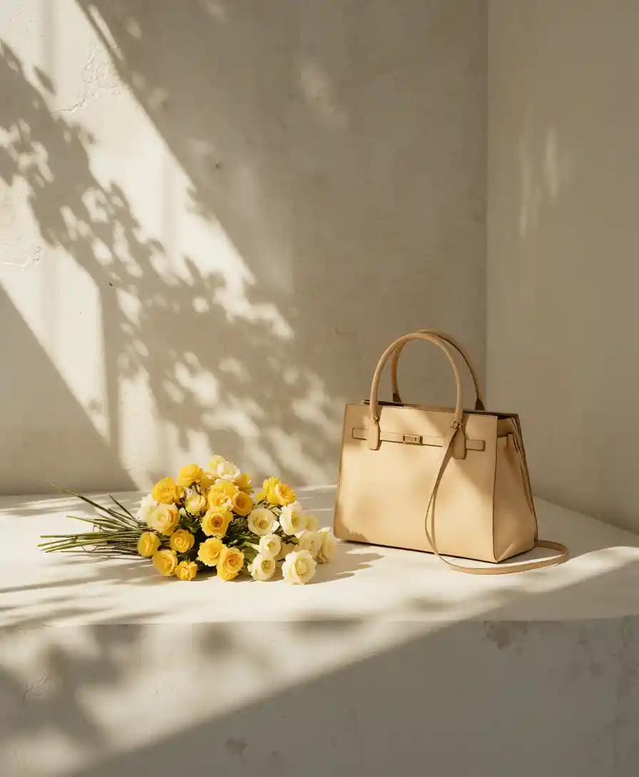 Ramo de flores amarillas y bolso en suave luz moteada