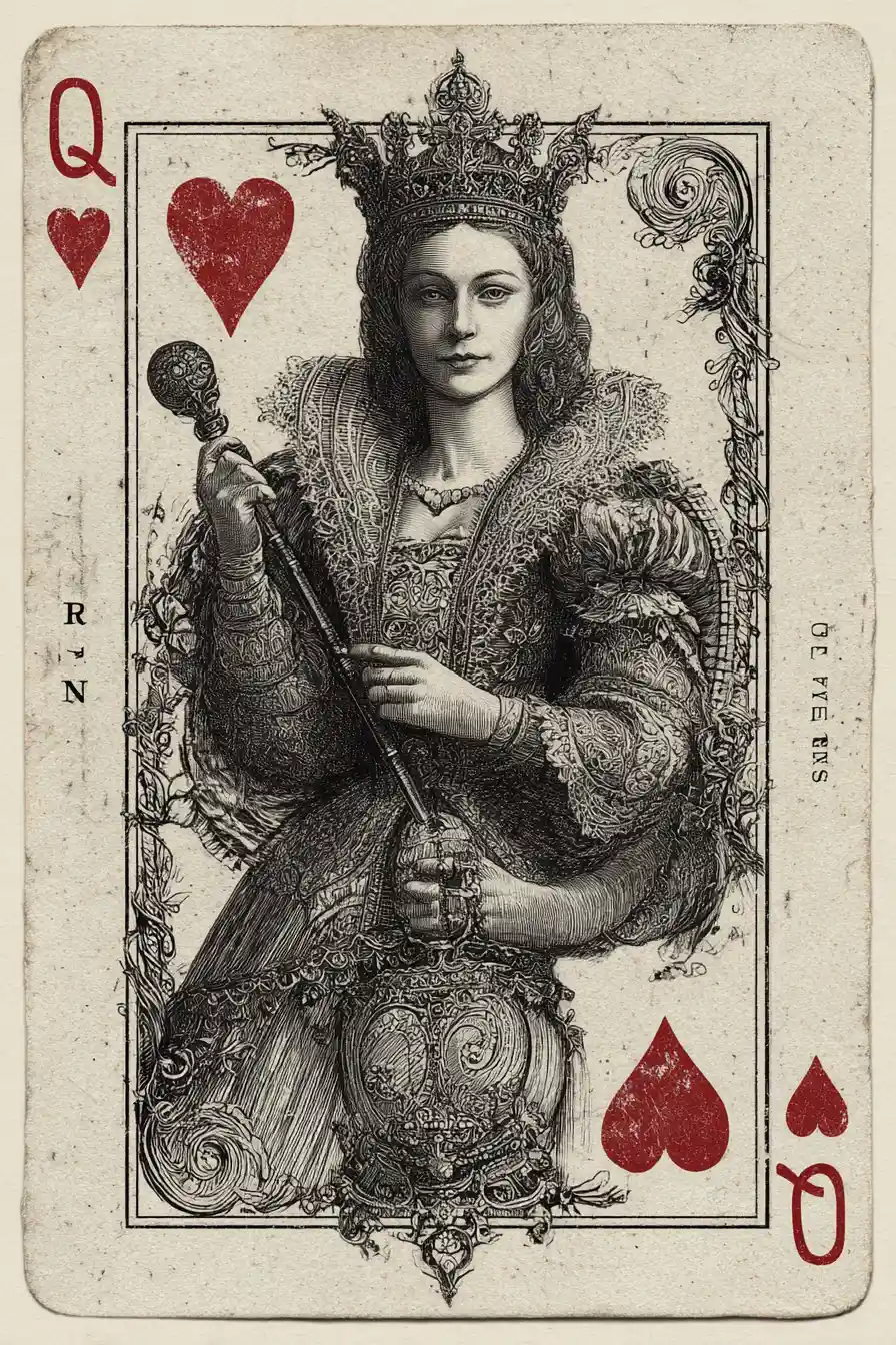 Engraved Queen Of Hearts Antique Playing Card Illustration