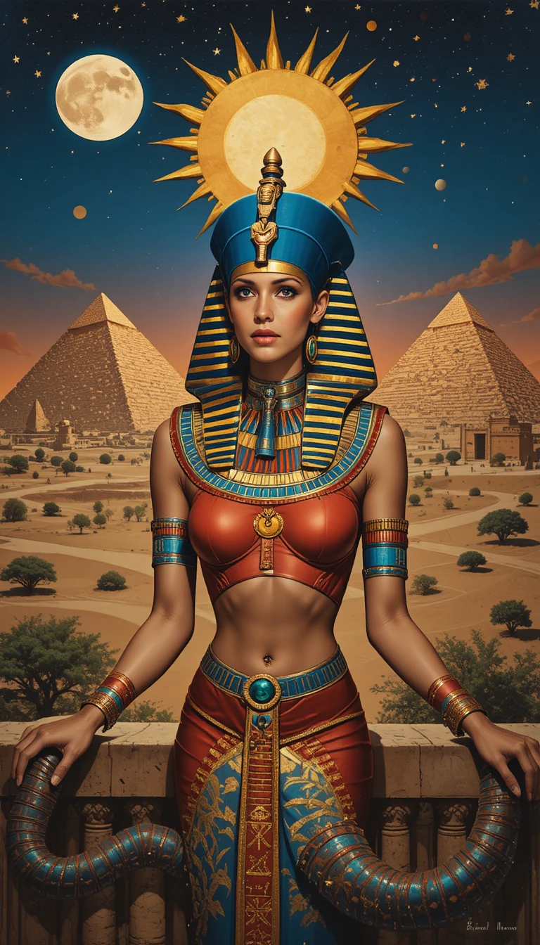 Surreal Egyptian woman under winged sun at sunset