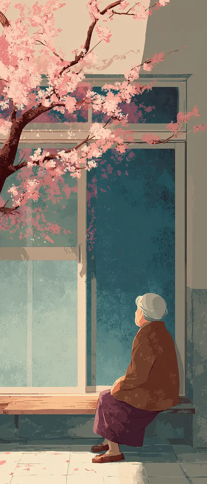 Elderly woman resting by a window with cherry blossoms