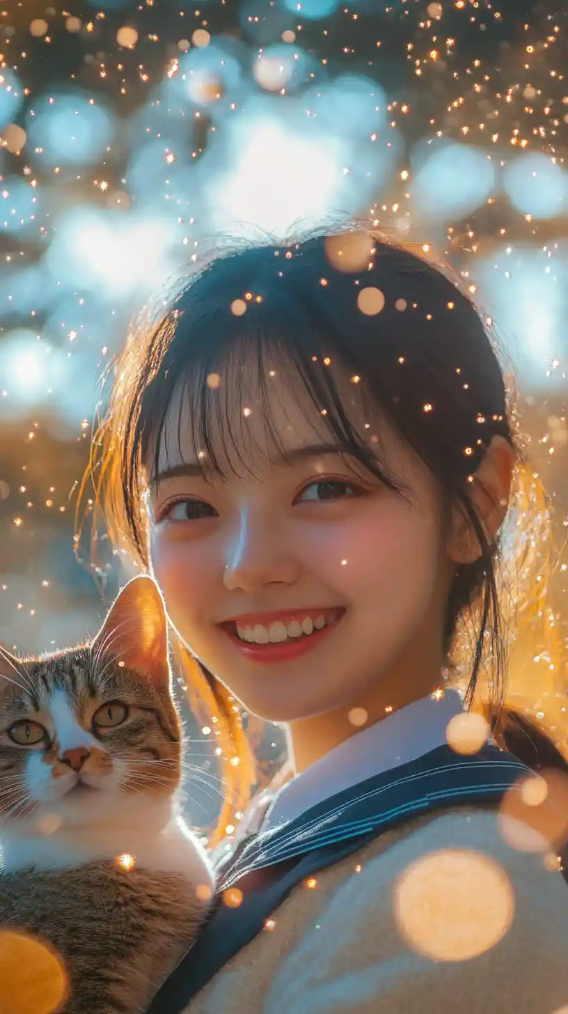 Smiling Japanese schoolgirl portrait with shimmering particles