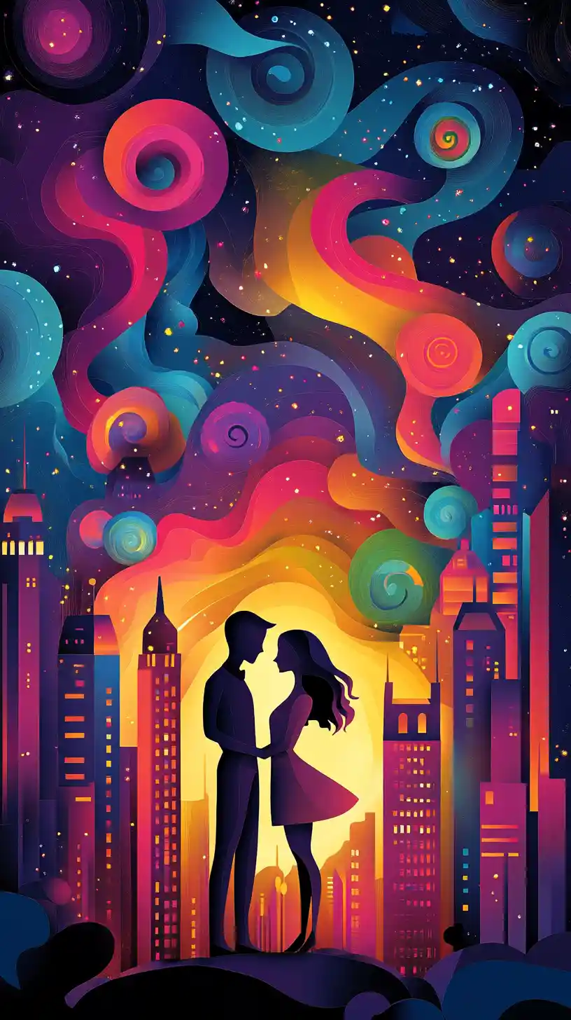 Whimsical abstract cityscape with dancing fantasy cats