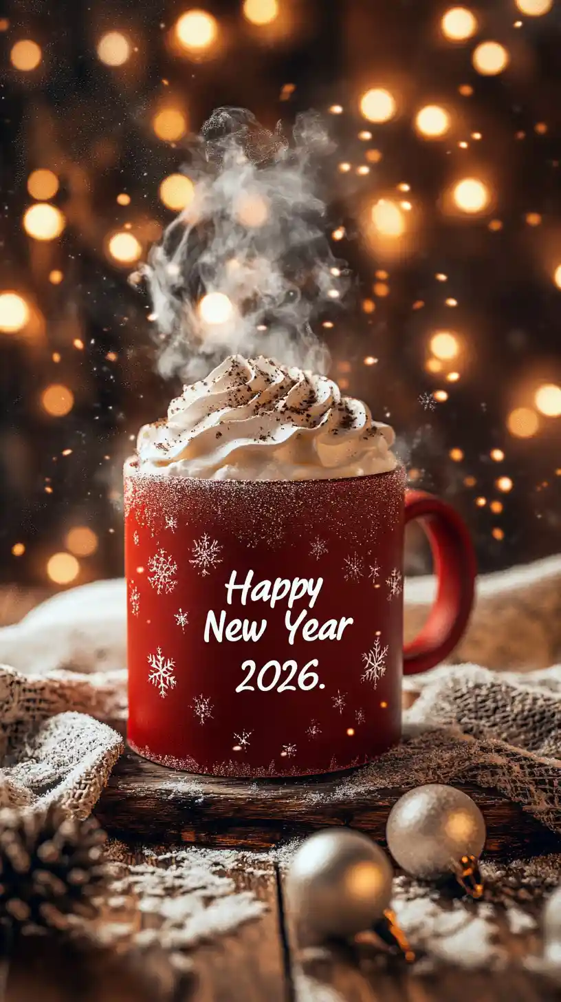 Red new year mug with hot chocolate and snowflakes