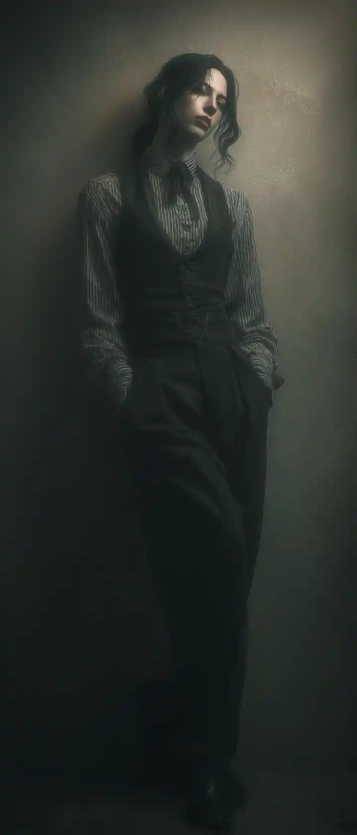 Androgynous vampire figure in a dim atmospheric scene