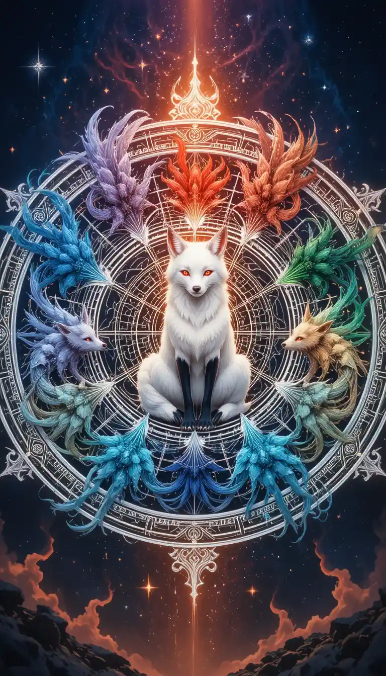 Mandala di volpe a nove code elementale in stile anime cosmico