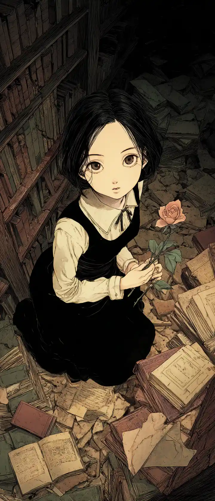 Ragazza anime in una biblioteca gotica in rovina che tiene un fiore