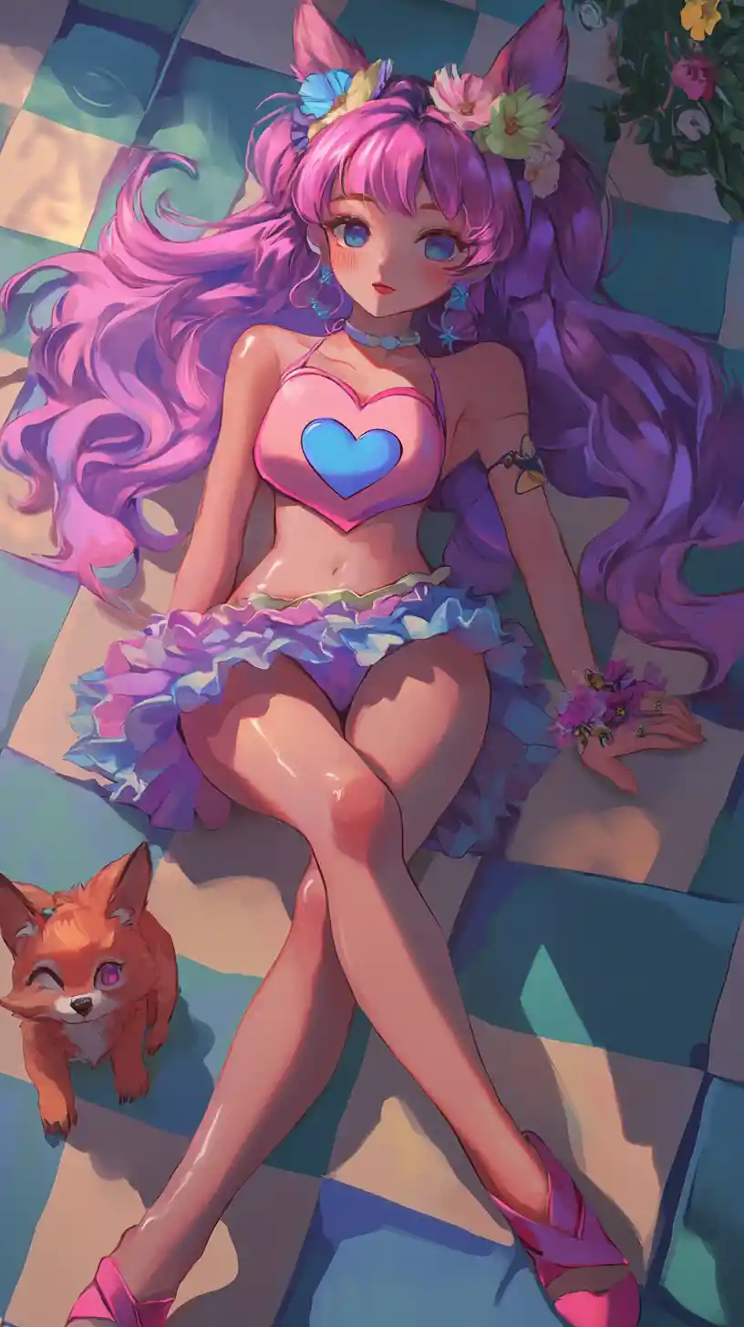 Anime girl with purple hair and cute animal friends