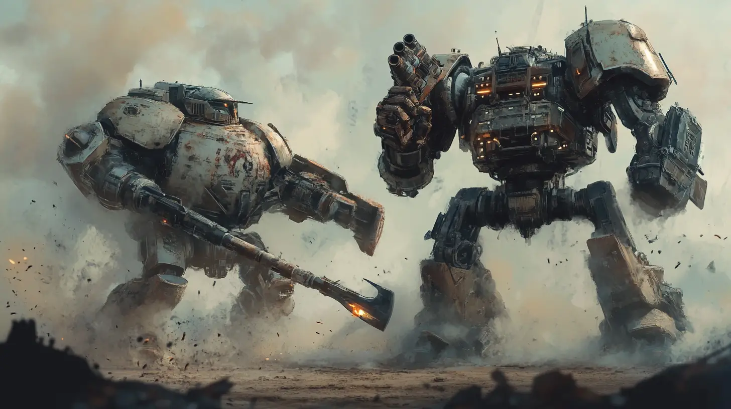 Old battle scarred mech faces advanced armored rival
