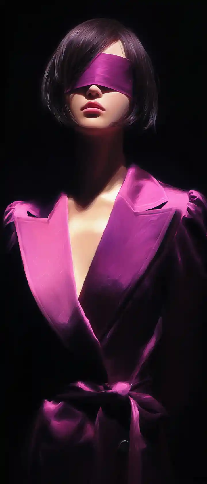 Blindfolded anime woman in neon businesslike robe