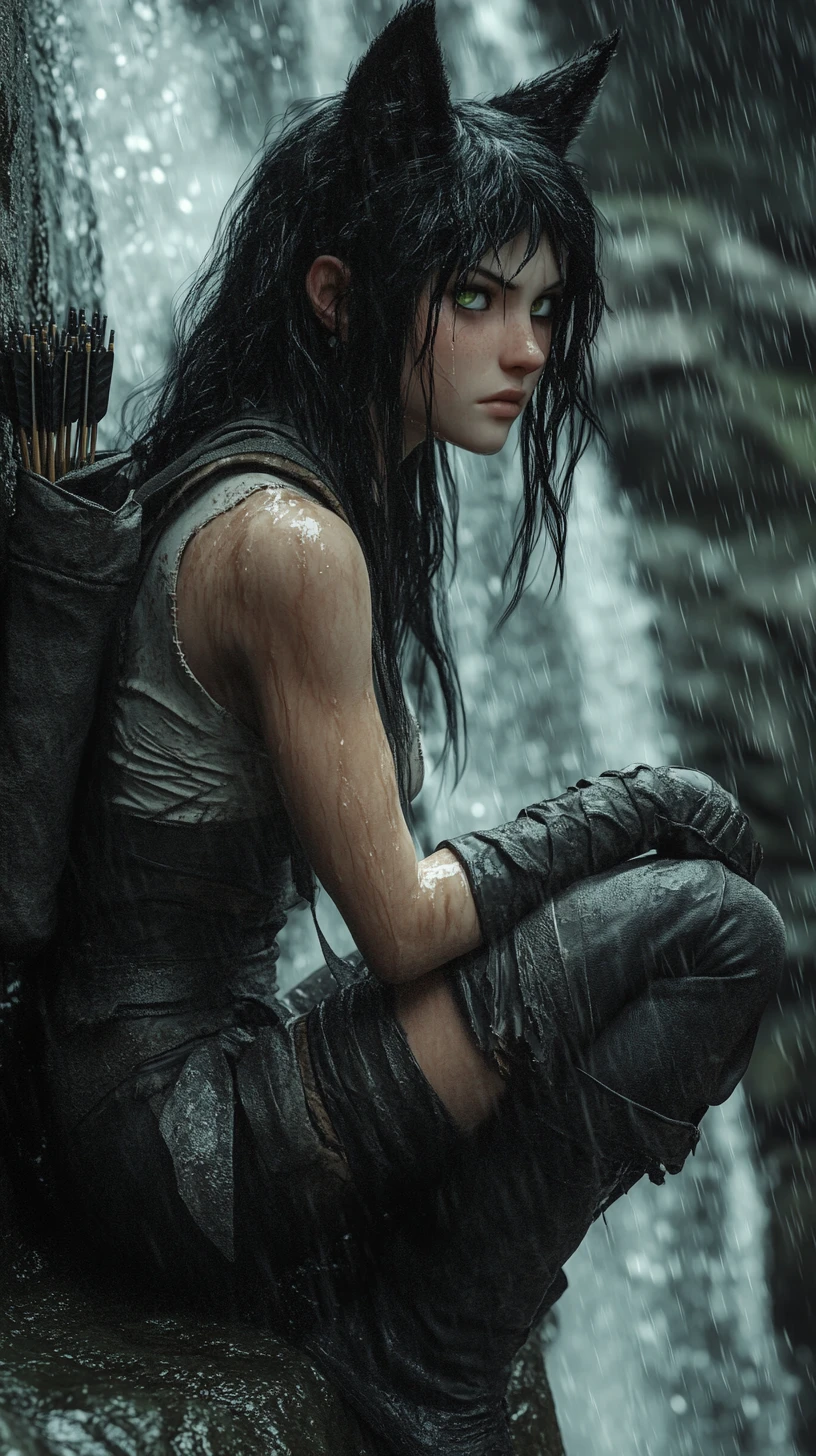 Wolf eared girl clinging to a stone waterfall in rain