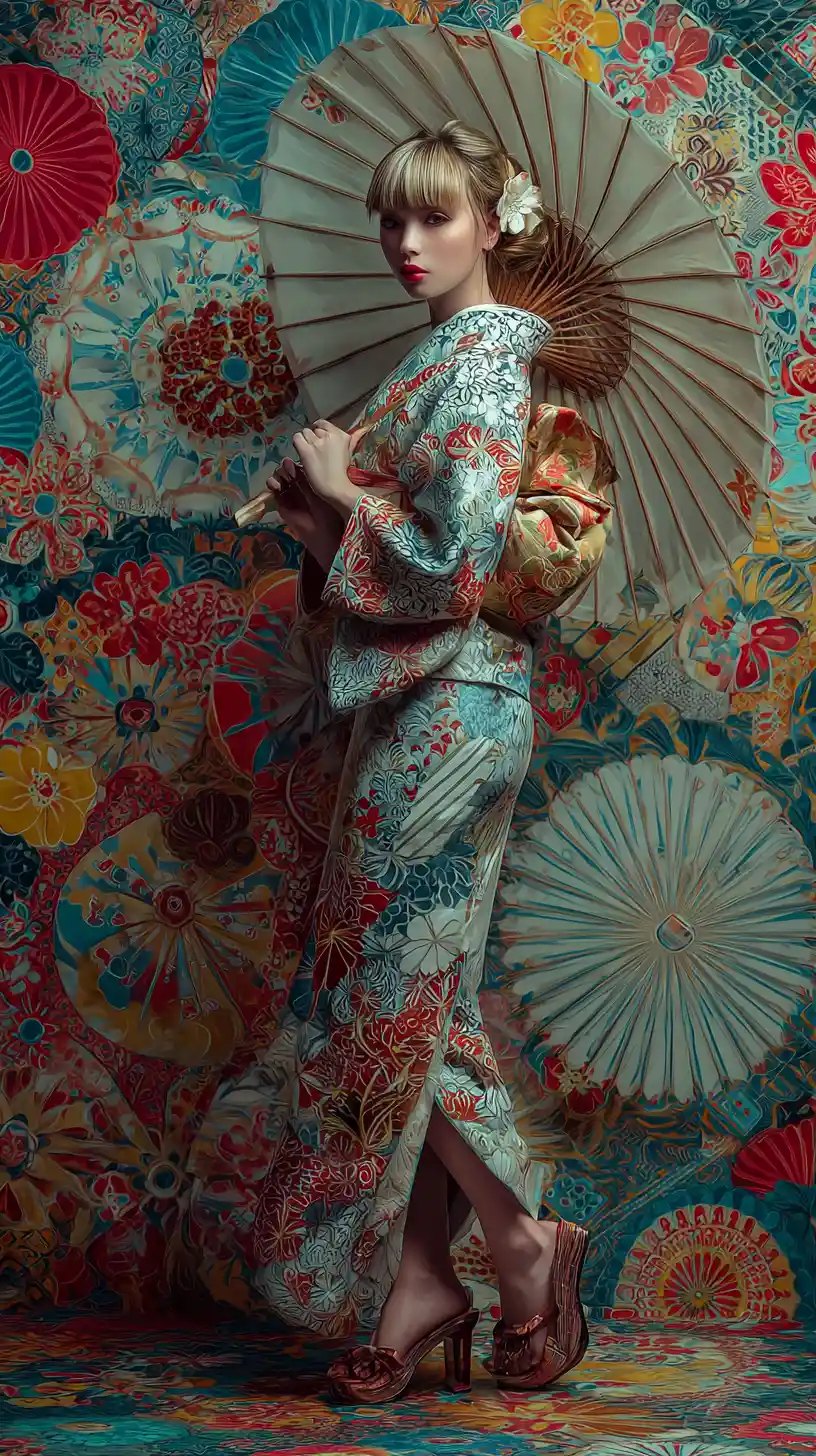Cute girl in kimono with umbrella full body portrait