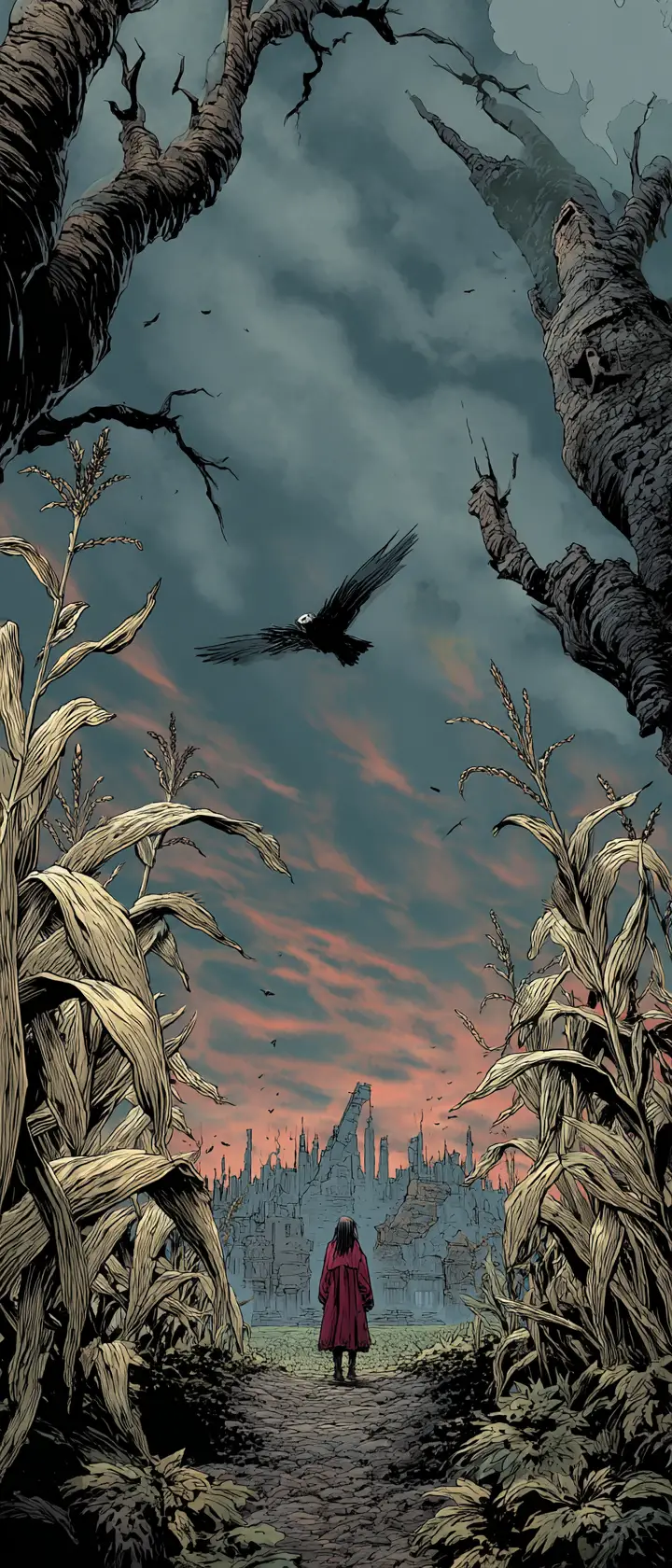 Gothic woman standing alone in an overgrown cornfield