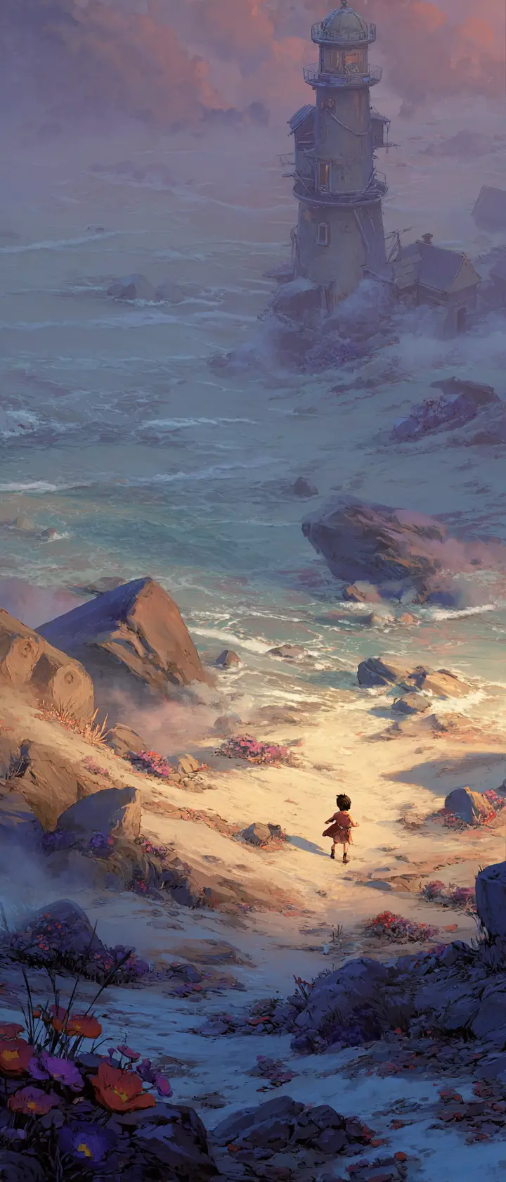 Child hand holding a fading flower at misty seaside dawn