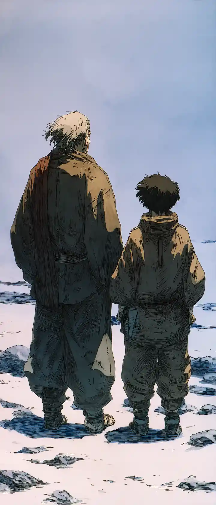 Due figure che condividono un legame silenzioso nel vuoto innevato